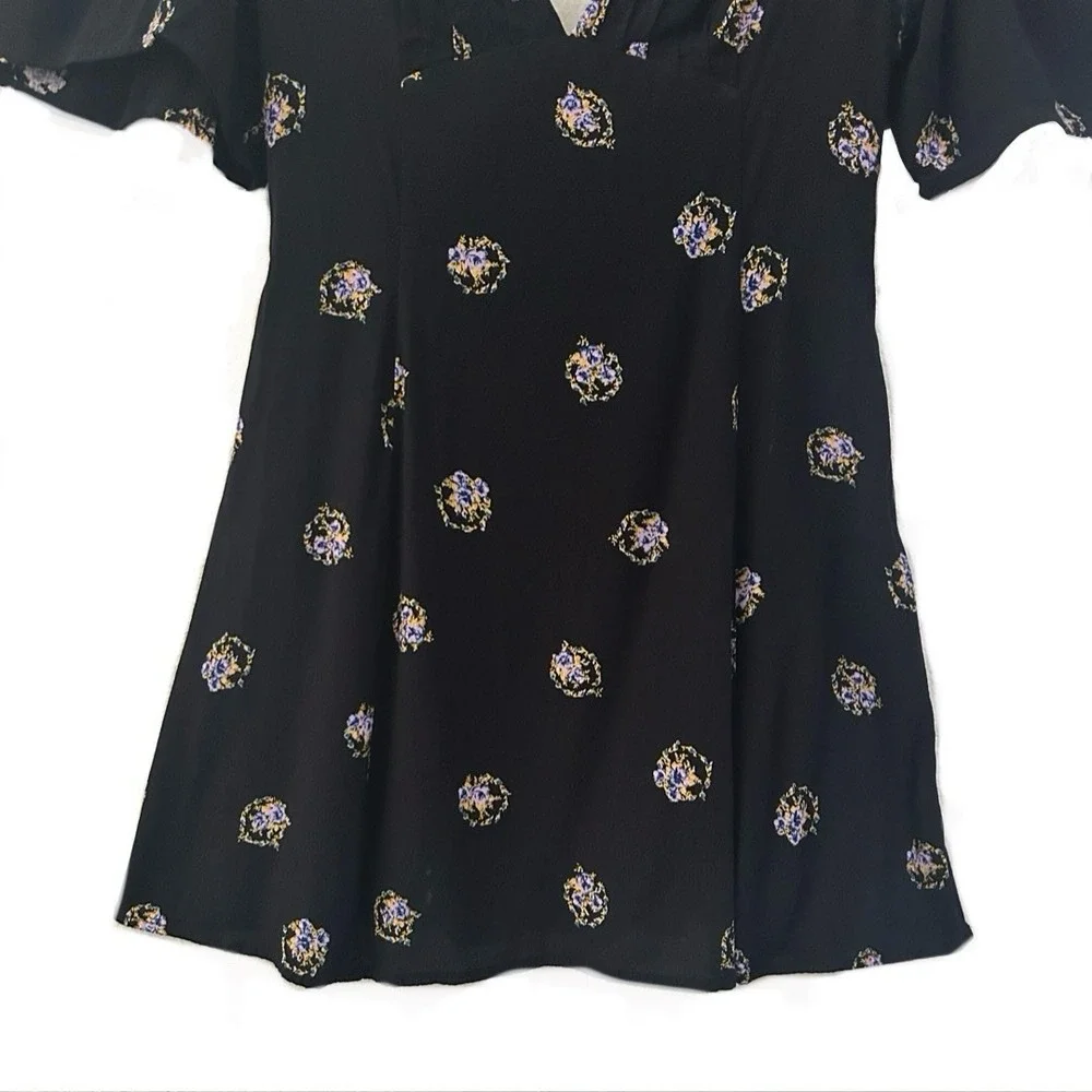 Free People Mockingbird Lace Inset Black Floral Mini‎ Dress Women's Size 2